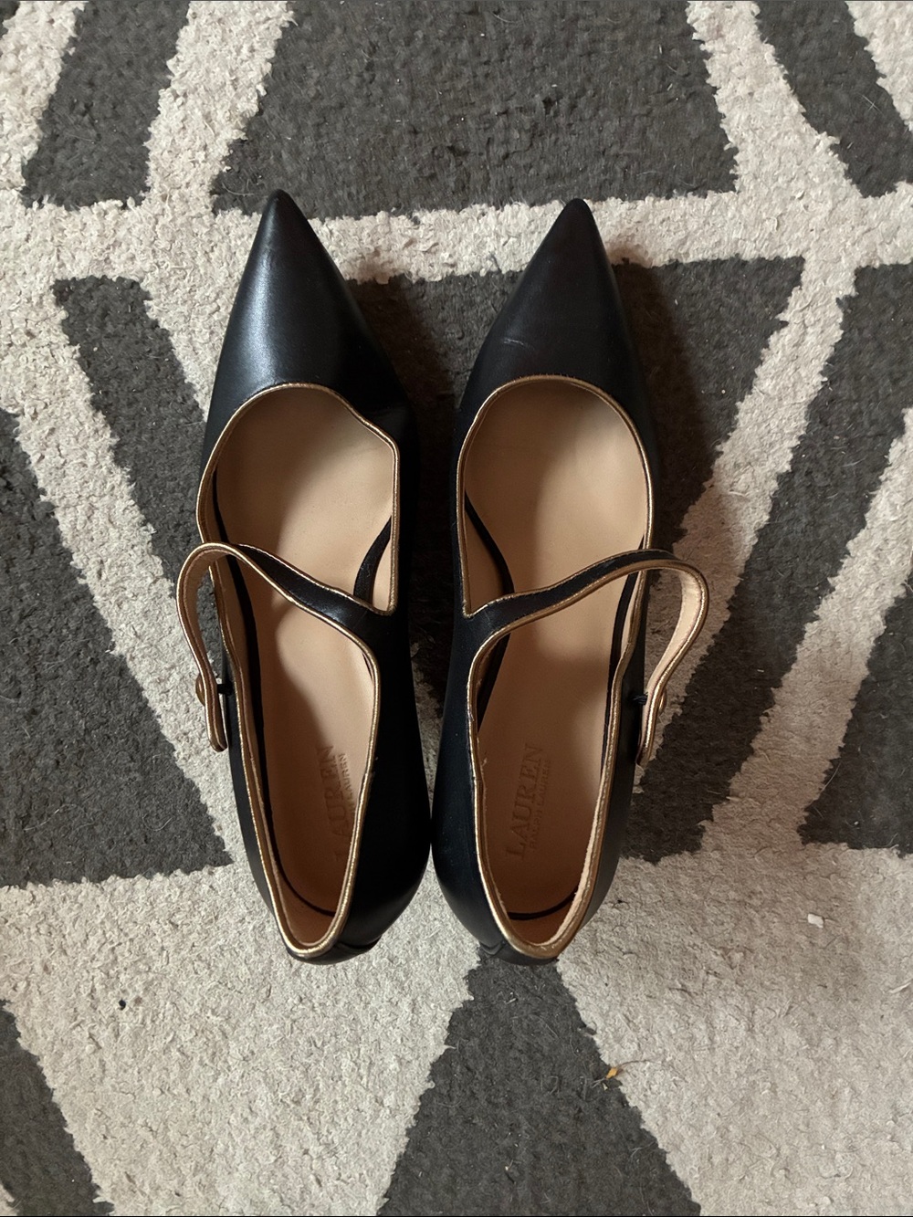 Lauren Ralph Lauren Black Pointed Mary Jane Flats with Gold Trim